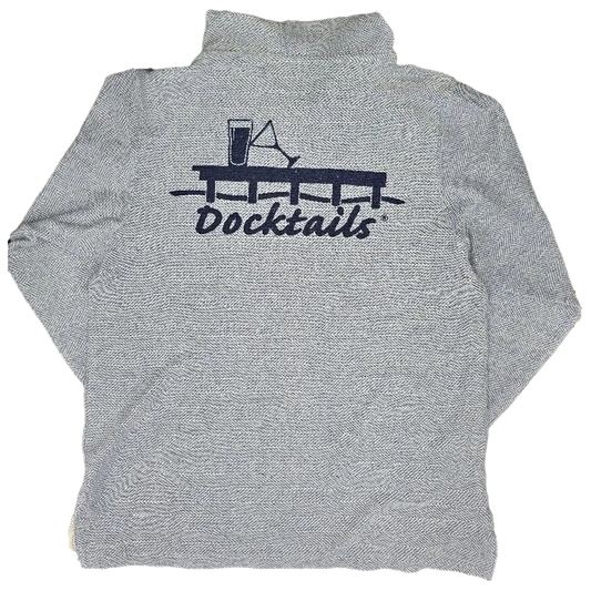 A light blue heathered hoodie with a navy blue graphic on the back depicting a cocktail glass and the word 'Docktails'.