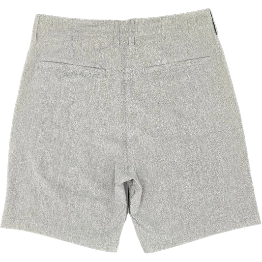 A pair of light gray heathered shorts shown from the back, featuring a textured fabric body, a waistband, and two welt back pockets, photographed against a solid white background.