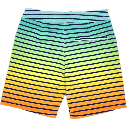 A pair of men's board shorts featuring a vibrant horizontal stripe pattern that transitions through shades of teal, green, yellow, and orange, with thin navy blue horizontal stripes throughout. The shorts are shown from the back on a solid white background.