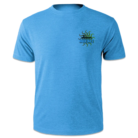 Short-sleeve blue t-shirt with the word Docktails on the left chest pocket, with a sun behind a dock.