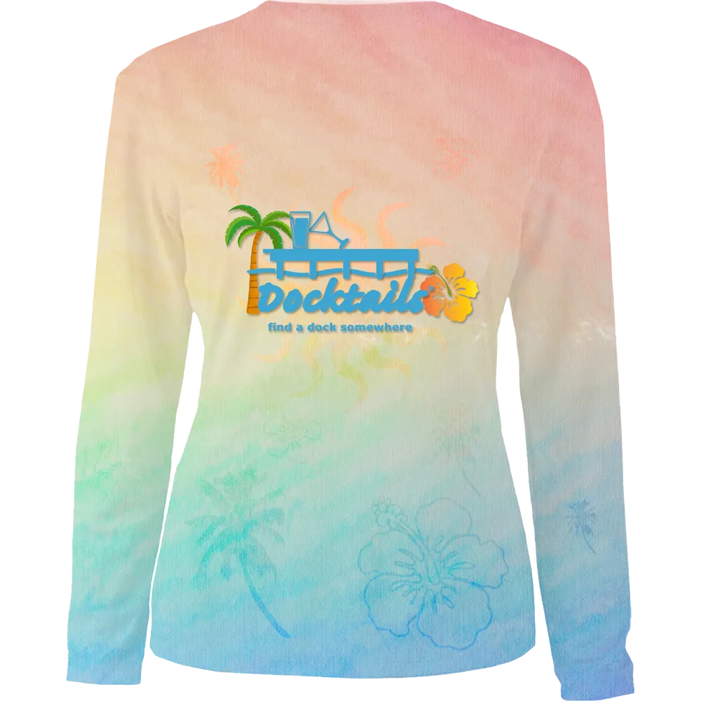 Women's multi-color long-sleeve shirt with Docktails logo on the back with palm tree and hibiscus graphics.