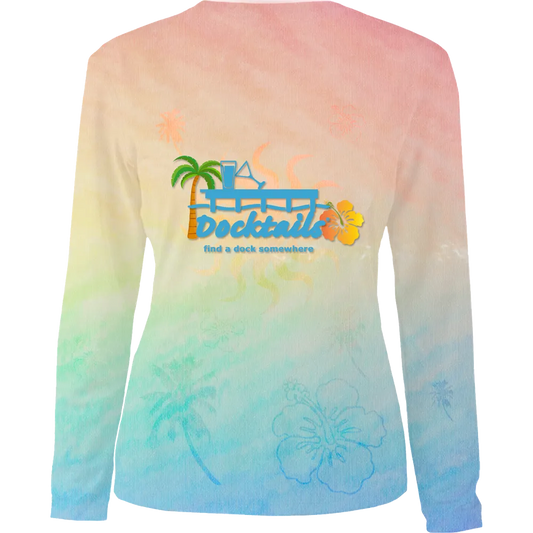 Women's multi-color long-sleeve shirt with Docktails logo on the back with palm tree and hibiscus graphics.