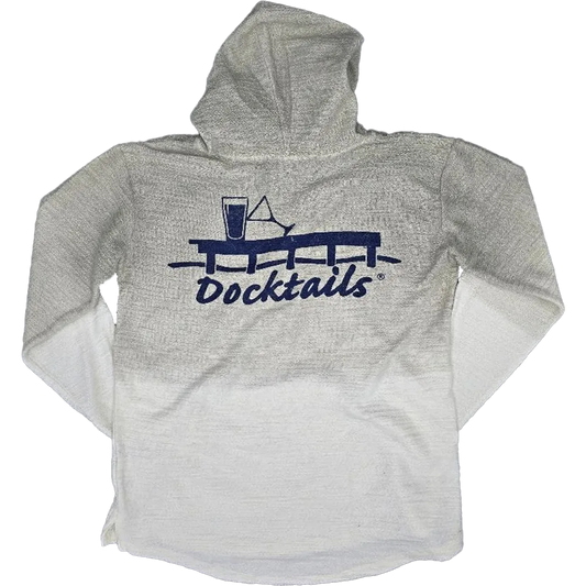 A heather beige hooded sweatshirt with a white gradient at the bottom, featuring a navy blue 'Docktails' graphic on the back with a cocktail glass and dock design.