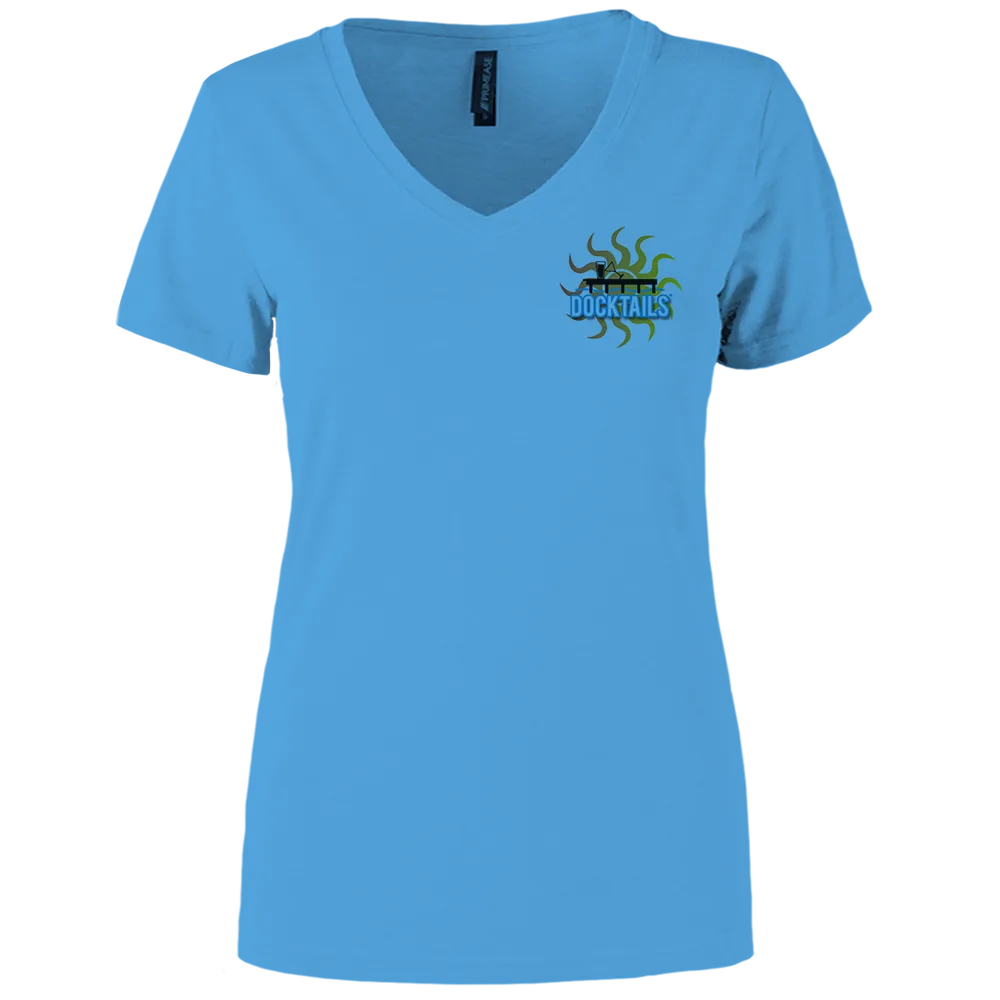 Short-sleeve blue v-neck t-shirt with the word Docktails on the left chest pocket, with a sun behind a dock.