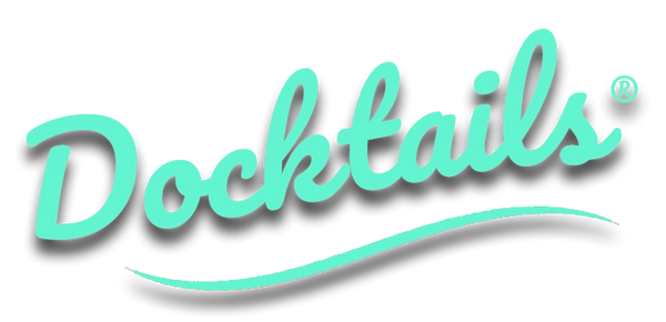 A mint green script logo reading 'Docktails' with a registered mark and a wavy underline, shown on a plain white background.