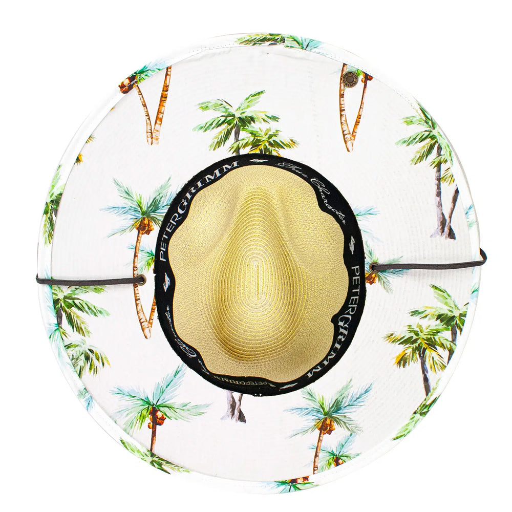 Underbrim of a sun hat with off white background and palm tree print