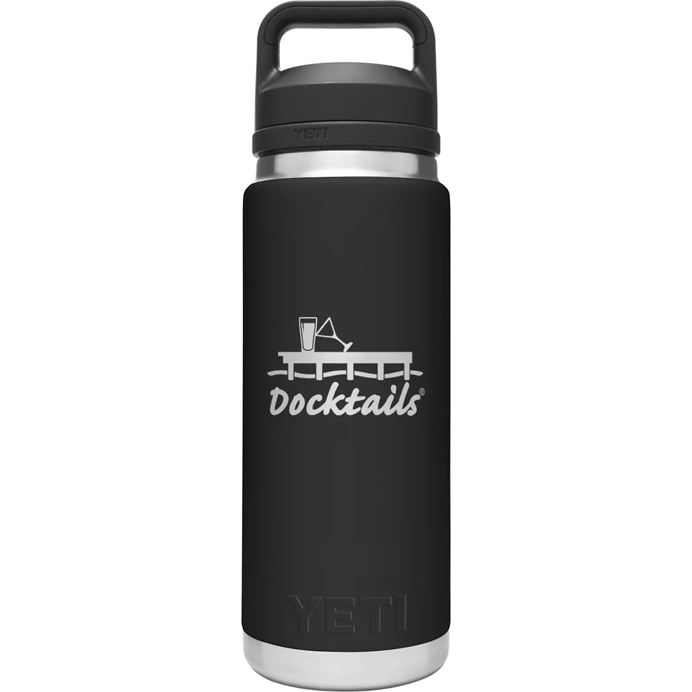 A YETI insulated water bottle with a matte black body, a silver stainless steel base and lid, and an engraved graphic on the front that reads 'Docktails' with a cocktail glass and dock setting.