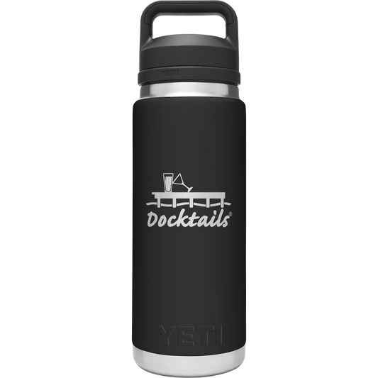 A YETI insulated water bottle with a matte black body, a silver stainless steel base and lid, and an engraved graphic on the front that reads 'Docktails' with a cocktail glass and dock setting.