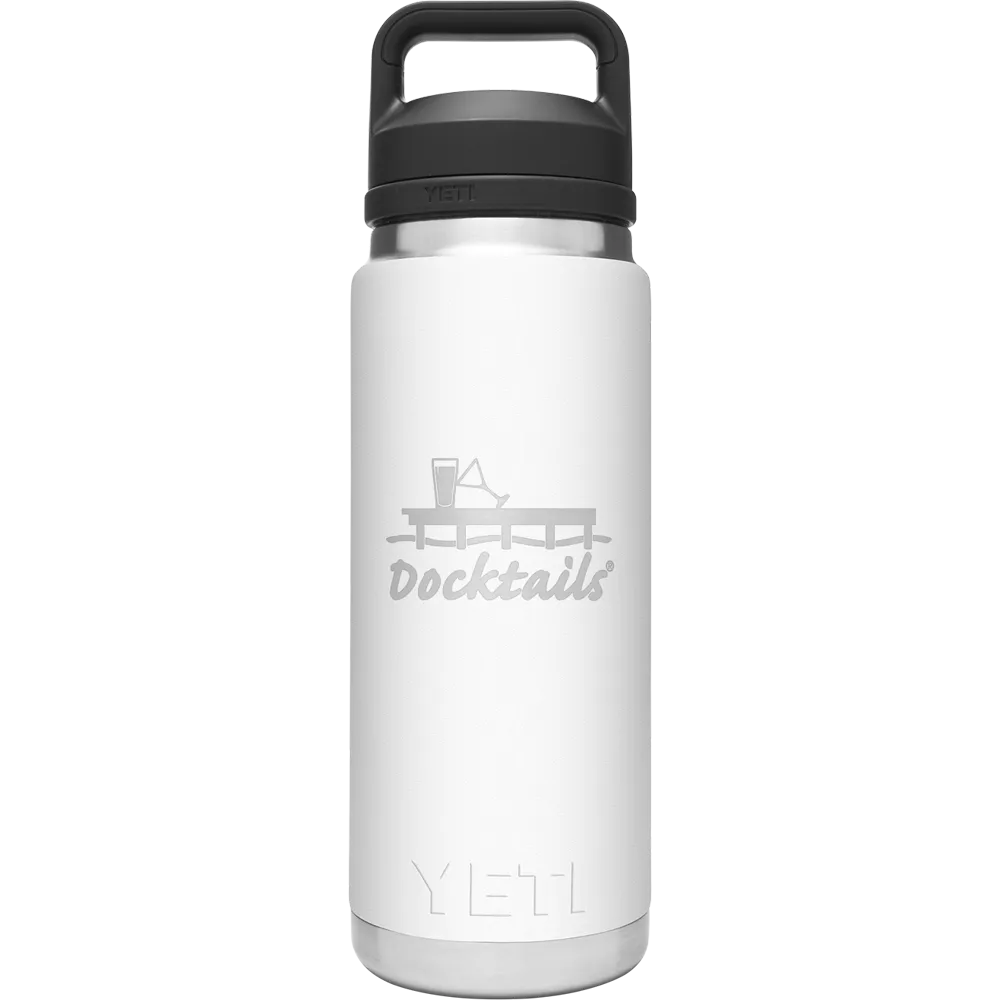 A white Yeti insulated water bottle with a black lid and handle, featuring an engraved 'Docktails' graphic on the front.