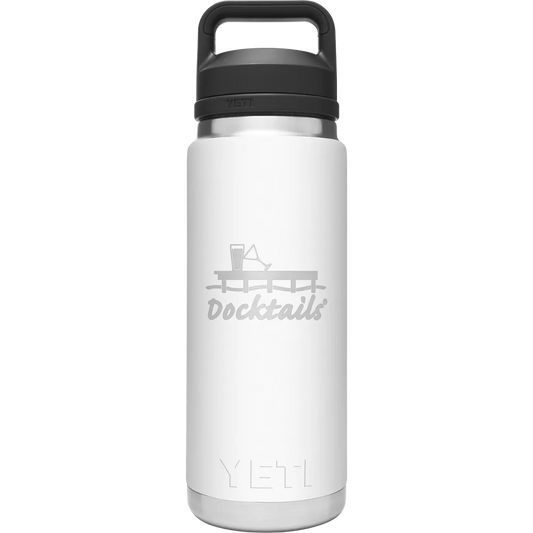 A white Yeti insulated water bottle with a black lid and handle, featuring an engraved 'Docktails' graphic on the front.