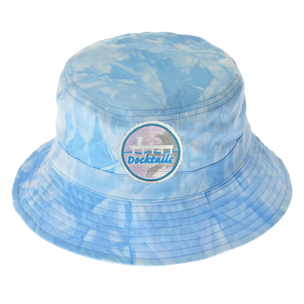 Light blue tie dye bucket hat with Docktails logo patch