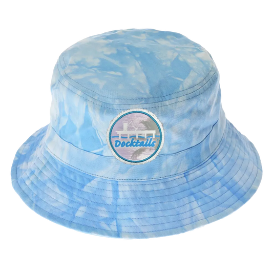 Light blue tie dye bucket hat with Docktails logo patch