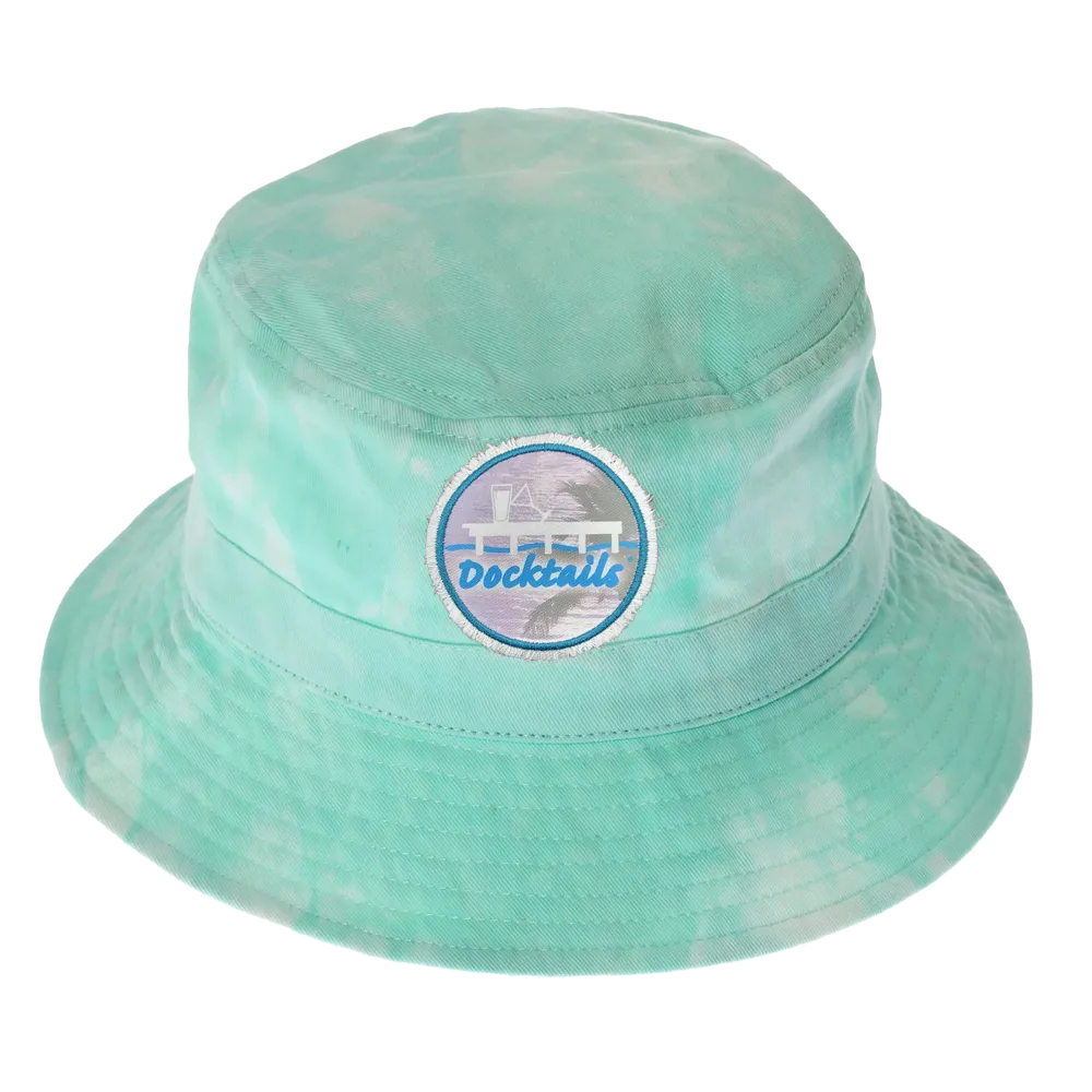 Light green tie dye bucket hat with Docktails logo patch