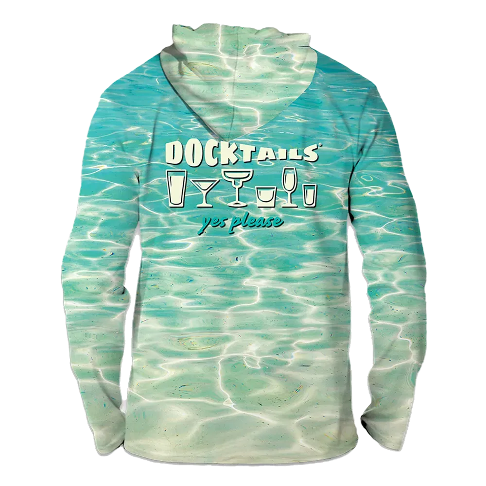A long-sleeve hooded shirt with a turquoise and white water ripple print, featuring a graphic on the back that reads 'DOCKTAILS yes please' with cocktail glass illustrations.