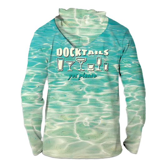 A long-sleeve hooded shirt with a turquoise and white water ripple print, featuring a graphic on the back that reads 'DOCKTAILS yes please' with cocktail glass illustrations.
