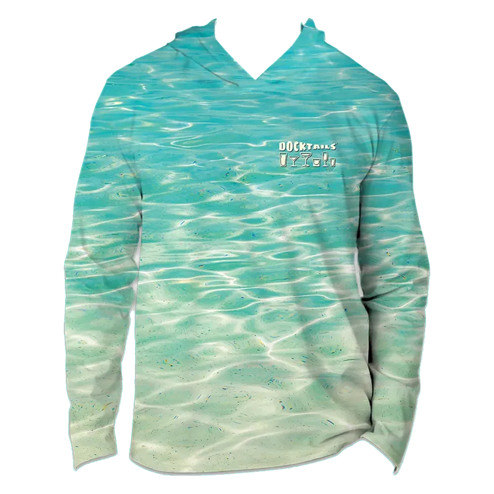 A long-sleeve hooded shirt with a turquoise and white water ripple print, featuring a Docktails logo on the front left chest with cocktail glass illustrations.