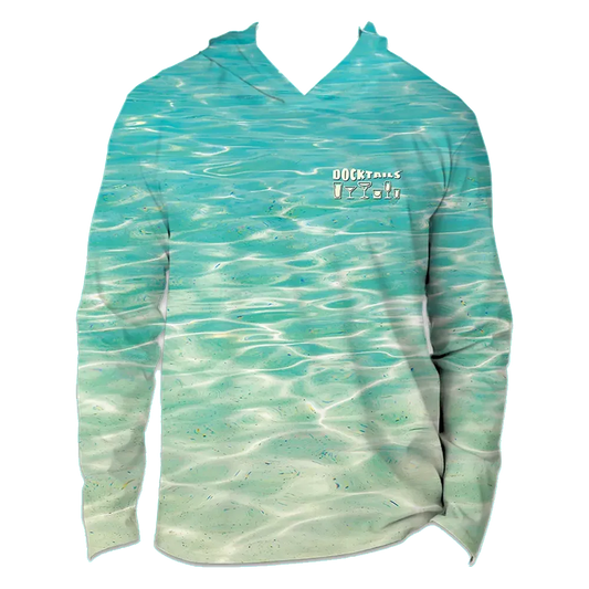 A long-sleeve hooded shirt with a turquoise and white water ripple print, featuring a Docktails logo on the front left chest with cocktail glass illustrations.