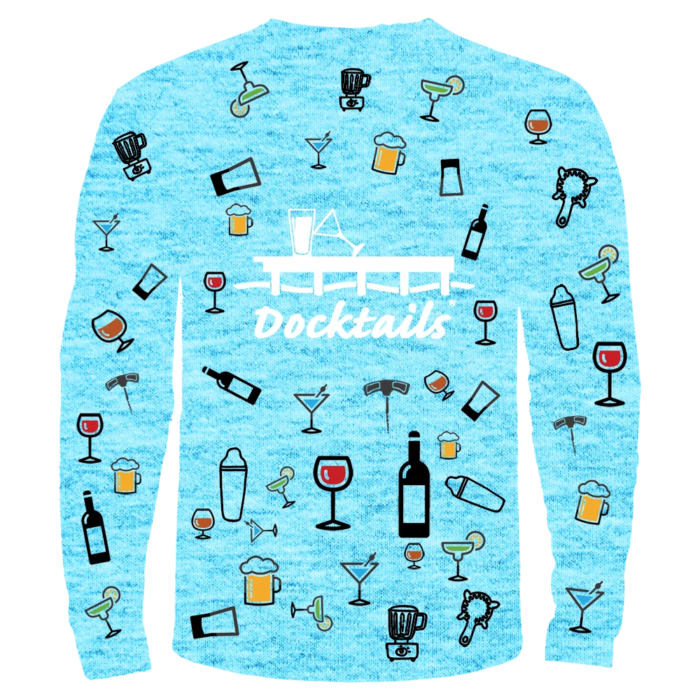 A light blue heathered long-sleeve crewneck shirt featuring a 'Docktails' theme, with a white script logo on the chest and all-over printed illustrations of cocktail glasses, bottles, shakers, and barware in black, red, yellow, and green.