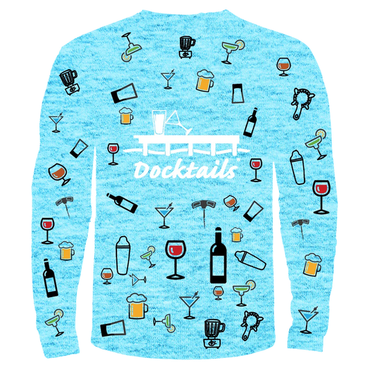 A light blue heathered long-sleeve crewneck shirt featuring a 'Docktails' theme, with a white script logo on the chest and all-over printed illustrations of cocktail glasses, bottles, shakers, and barware in black, red, yellow, and green.