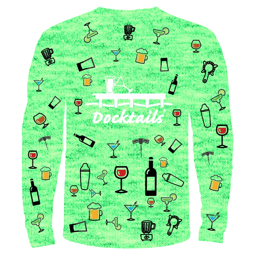 A long-sleeve crewneck shirt in bright green with a repeating pattern of cocktail-themed illustrations, including martini glasses, beer mugs, bottles, shakers, and the word 'Docktails' in white script across the chest.