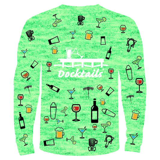 A long-sleeve crewneck shirt in bright green with a repeating pattern of cocktail-themed illustrations, including martini glasses, beer mugs, bottles, shakers, and the word 'Docktails' in white script across the chest.