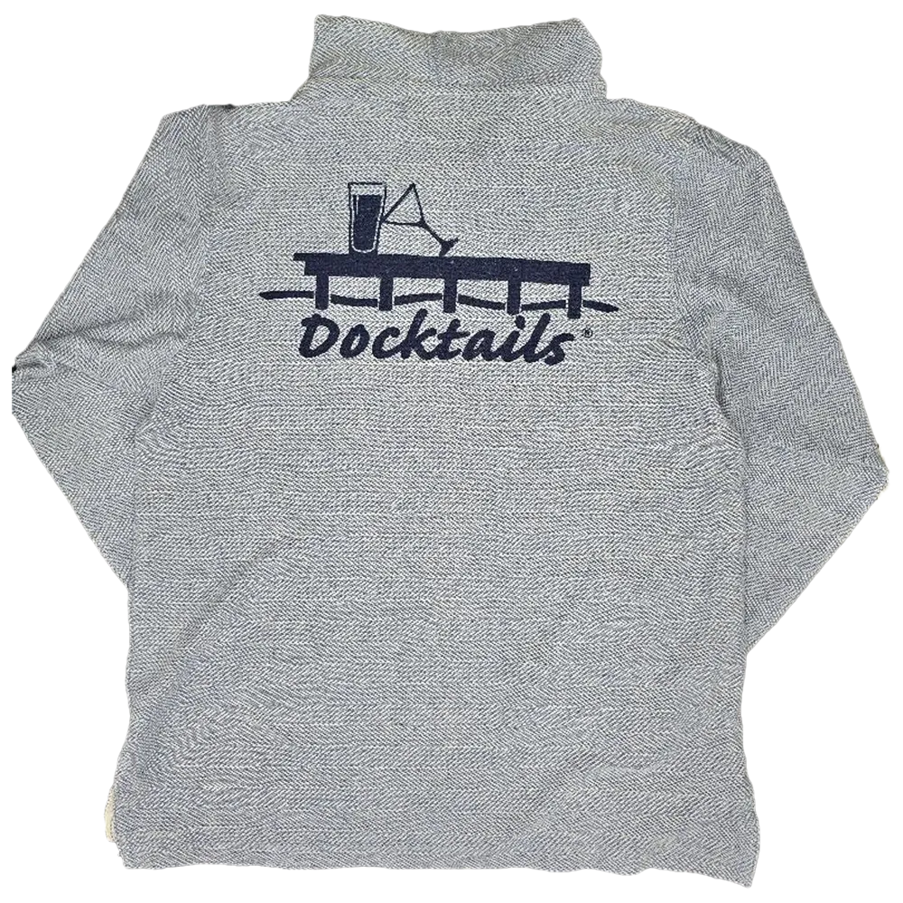 A light blue heathered hoodie with a navy blue graphic on the back depicting a cocktail glass and the word 'Docktails'.