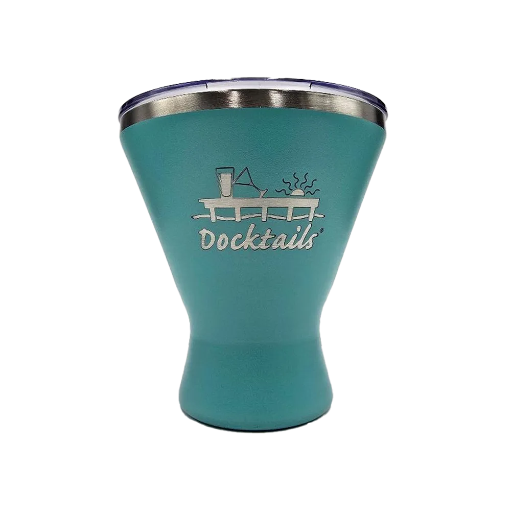 An aqual-colored stainless steel tumbler with a matching lid, featuring an engraved graphic of a cocktail and the word 'Docktails' on the front, set against a plain white background.