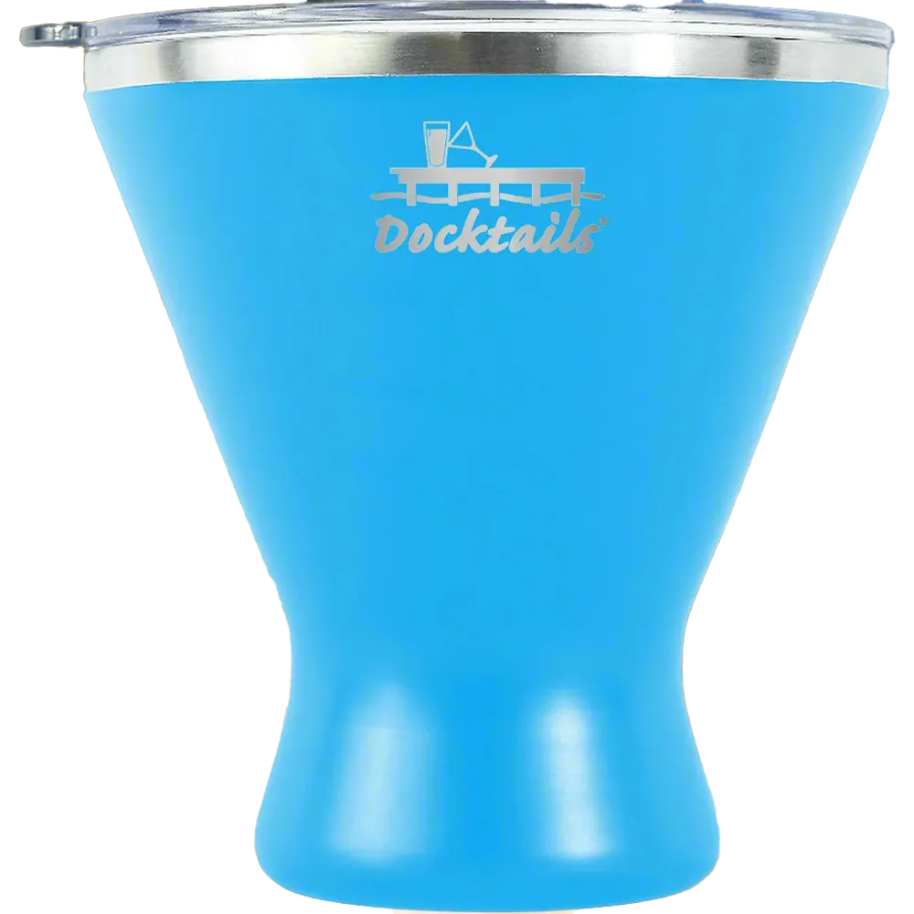 A bright blue tapered tumbler with a silver rim and a clear lid, featuring an engraved graphic of a cocktail and the word 'Docktails' on the front, isolated on a white background.