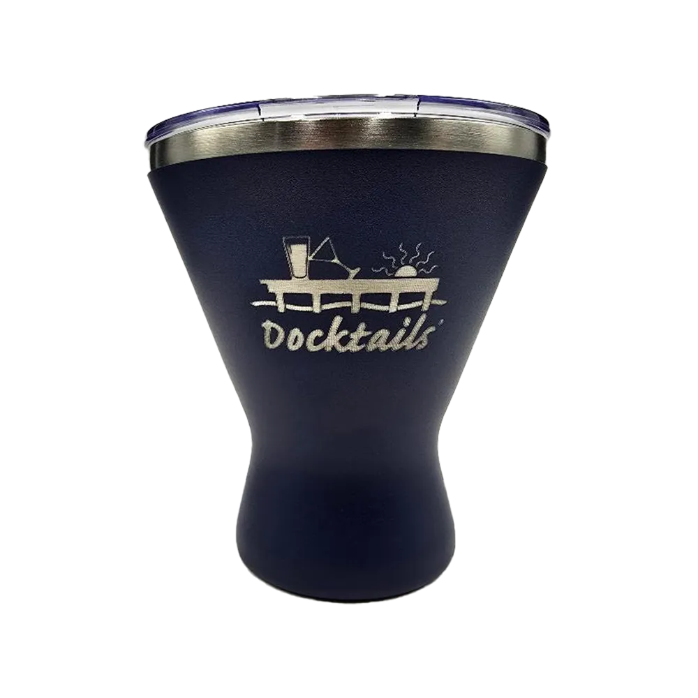 A dark navy blue insulated tumbler with a silver stainless steel rim and a clear lid, featuring an engraved 'Docktails' cocktail graphic on the front, set against a plain white background.