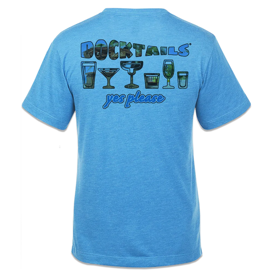 Short-sleeve blue t-shirt with the word Docktails, 6 drink glasses, and the words yes please on the back. The word Docktails and the drink glasses have a tropical image inside them including palm trees and portions of a beach and tiki bar.