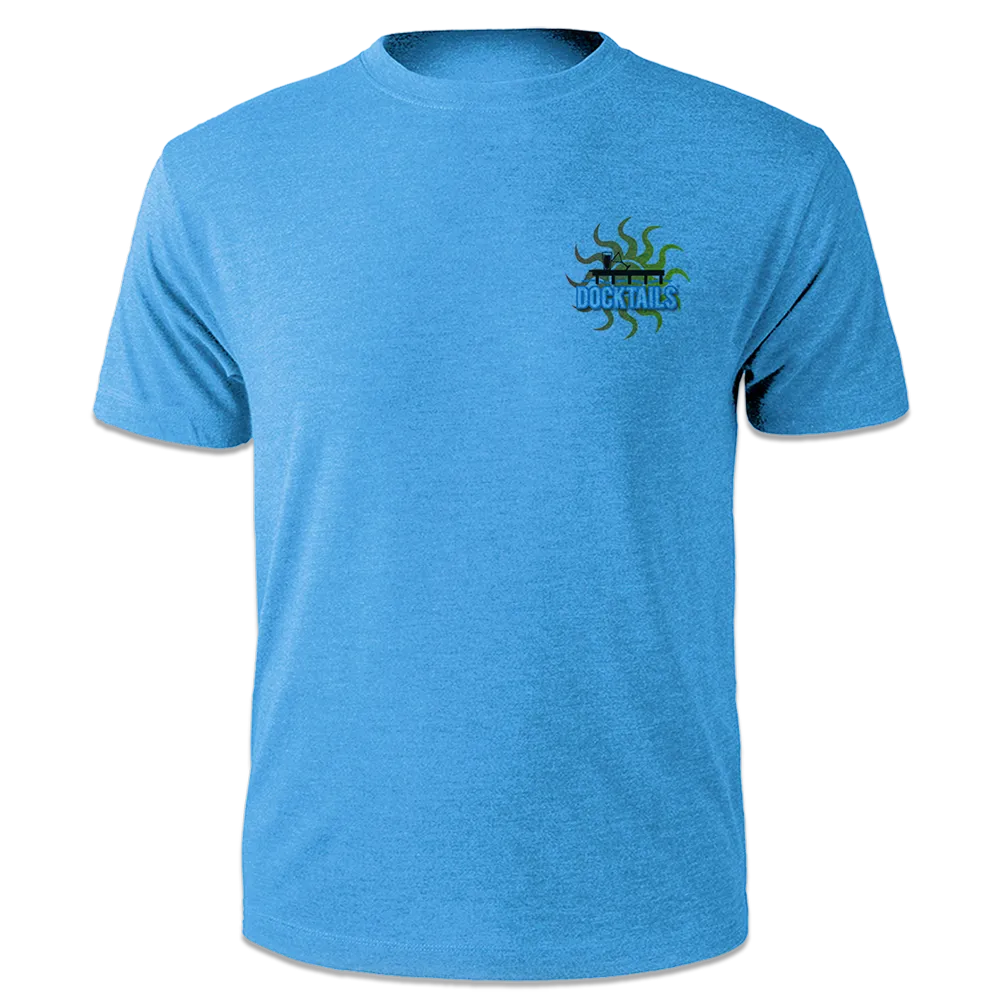 Short-sleeve blue t-shirt with the word Docktails on the left chest pocket, with a sun behind a dock.