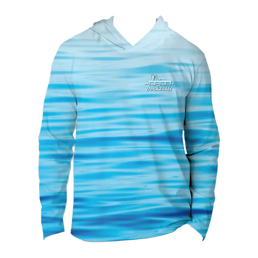 A long-sleeve hooded shirt with a blue and light blue horizontal wave pattern, featuring a small white logo on the left chest that reads 'Docktails'.