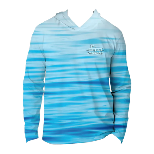 A long-sleeve hooded shirt with a blue and light blue horizontal wave pattern, featuring a small white logo on the left chest that reads 'Docktails'.