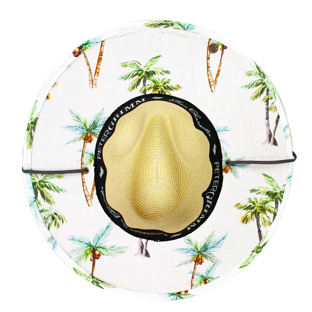 Underbrim of a sun hat showing a white background and palm trees and a sizing band with Peter Grimm printed on it.
