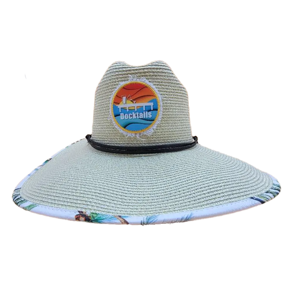 Beige wide brim sun hat with Docktails logo path with frayed edges.
