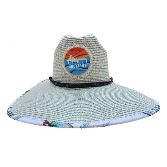 Beige wide brim sun hat with Docktails logo path with frayed edges.