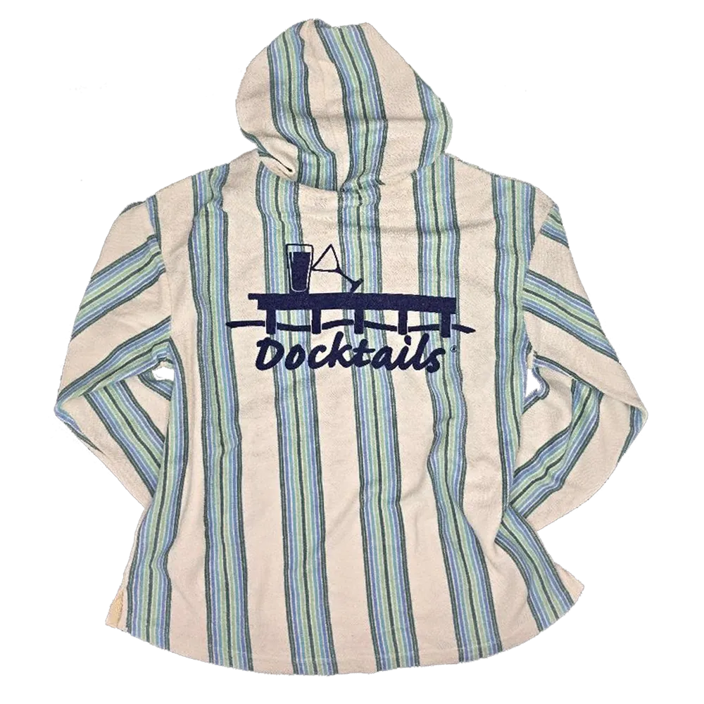 A hooded sweatshirt with vertical stripes in light blue, green, and dark navy, featuring a dark navy Docktails logo printed on the back.