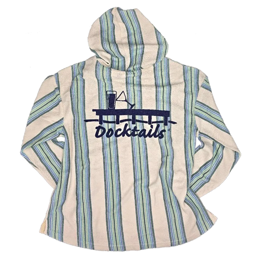 A hooded sweatshirt with vertical stripes in light blue, green, and dark navy, featuring a dark navy Docktails logo printed on the back.