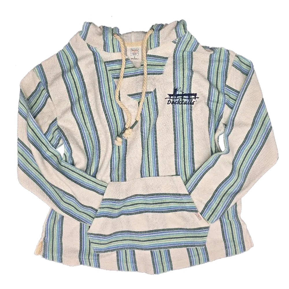 A striped hoodeie with a kangaroo pocket, featuring vertical stripes in blue and green, with a drawstring hood and a small Docktails logo on the left chest.