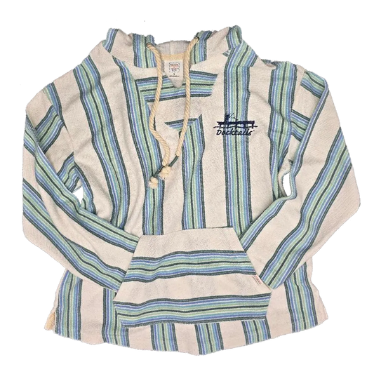 A striped hoodeie with a kangaroo pocket, featuring vertical stripes in blue and green, with a drawstring hood and a small Docktails logo on the left chest.