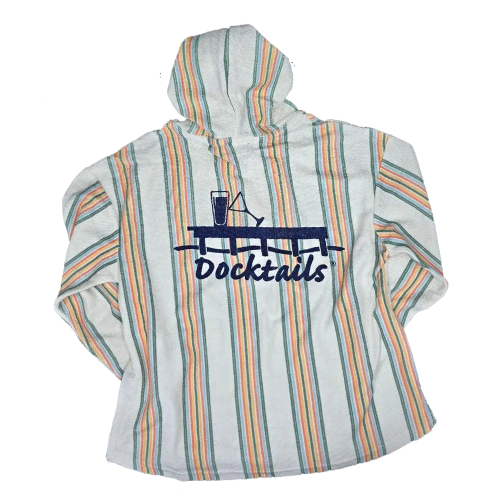 An off white hooded sweatshirt with vertical stripes in orange, green, and blue, featuring a navy blue graphic of a cocktail glass and the word 'Docktails' on the back.