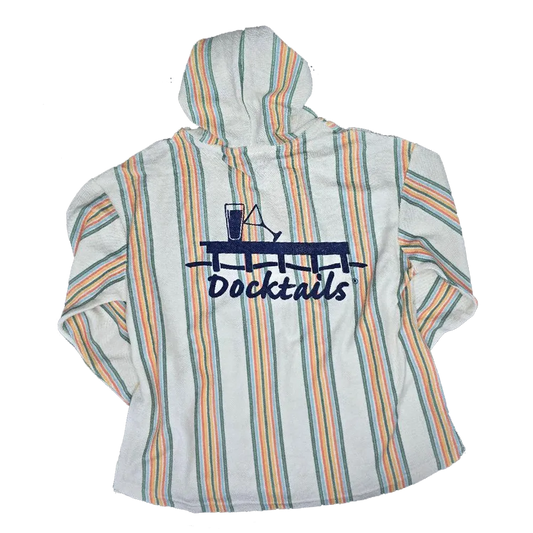 An off white hooded sweatshirt with vertical stripes in orange, green, and blue, featuring a navy blue graphic of a cocktail glass and the word 'Docktails' on the back.