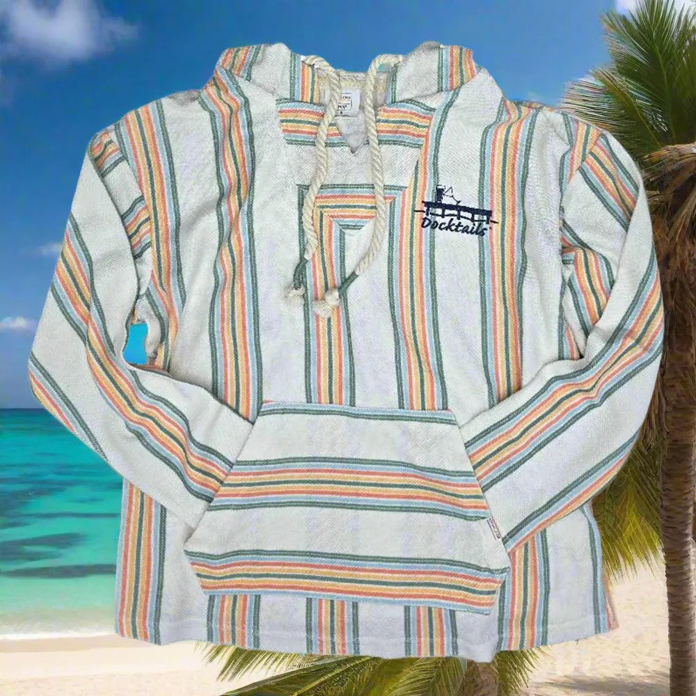 A striped hooded sweatshirt with a drawstring hood and kangaroo pocket, featuring vertical stripes in orange, green, and blue on a white base. The brand name 'Docktails' is printed on the left chest.
