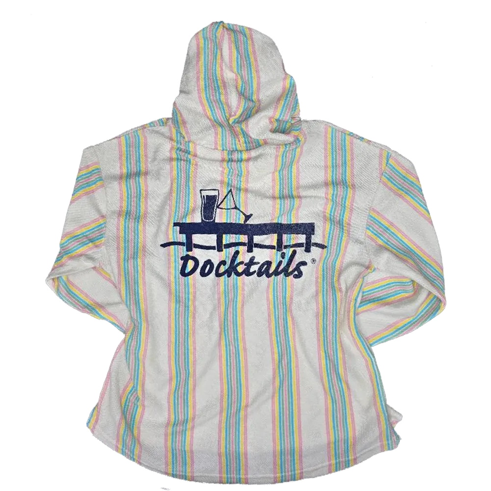 A long-sleeve hoodie with vertical pastel stripes in pink, blue, and yellow on an off-white base, featuring a dark navy Docktails logo on the back.