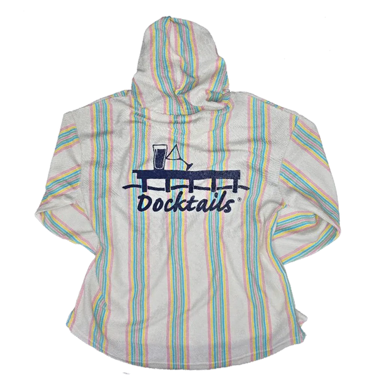 A long-sleeve hoodie with vertical pastel stripes in pink, blue, and yellow on an off-white base, featuring a dark navy Docktails logo on the back.