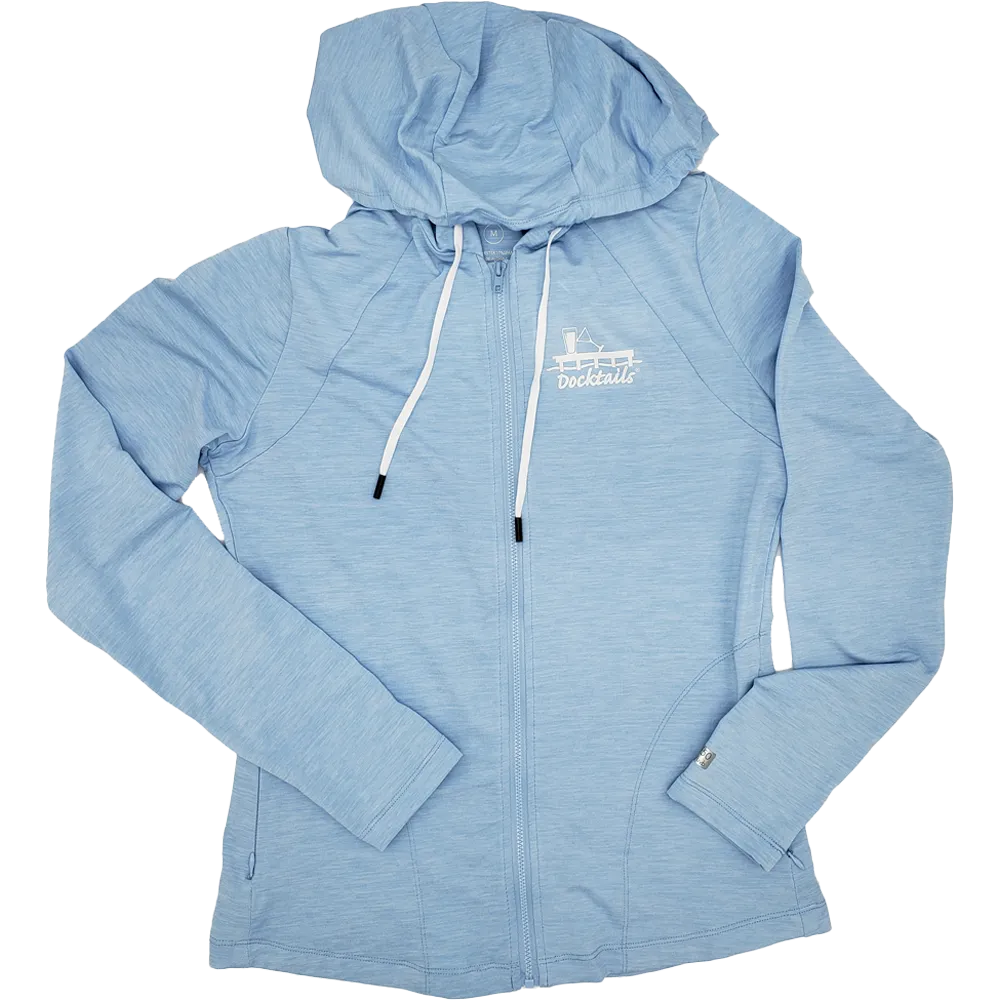 Women's light blue long-sleeved hoodie with a Docktails logo on the left chest area.