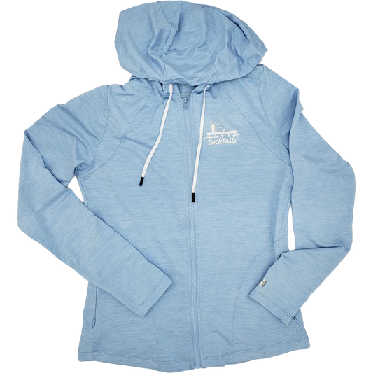 Women's light blue long-sleeved hoodie with a Docktails logo on the left chest area.