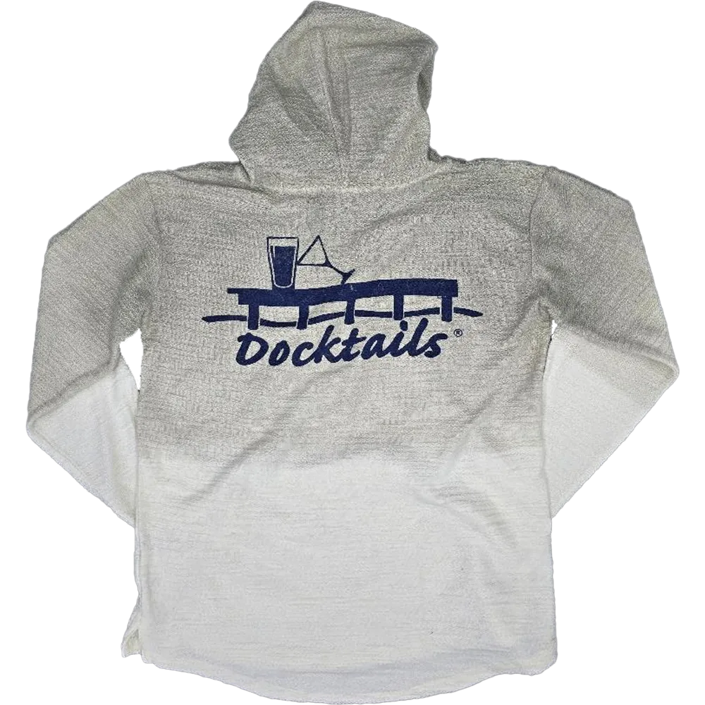 A heather beige hooded sweatshirt with a white gradient at the bottom, featuring a navy blue 'Docktails' graphic on the back with a cocktail glass and dock design.