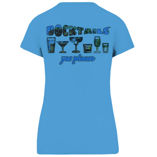 Short-sleeve blue t-shirt curved at the waist with the word Docktails, 6 drink glasses, and the words yes please on the back. The word Docktails and the drink glasses have a tropical image inside them including palm trees and portions of a beach and tiki bar.