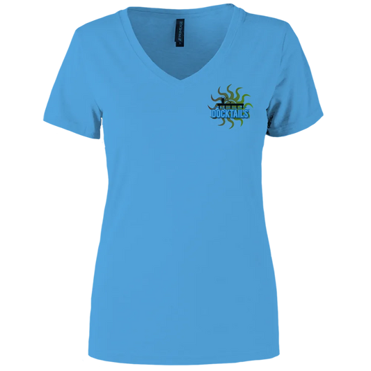 Short-sleeve blue v-neck t-shirt with the word Docktails on the left chest pocket, with a sun behind a dock.